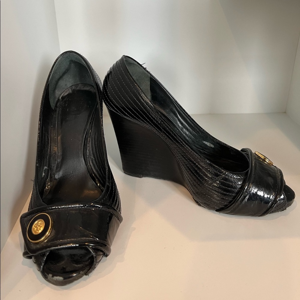 Tory Burch peep toe leather black wedges